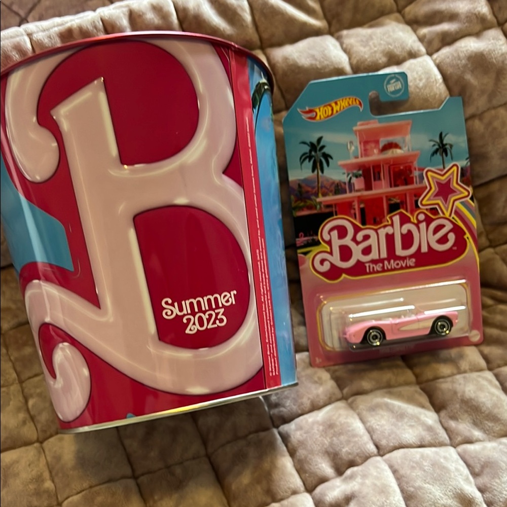 Barbie The Movie Cinemark popcorn tin and hot wheels car
